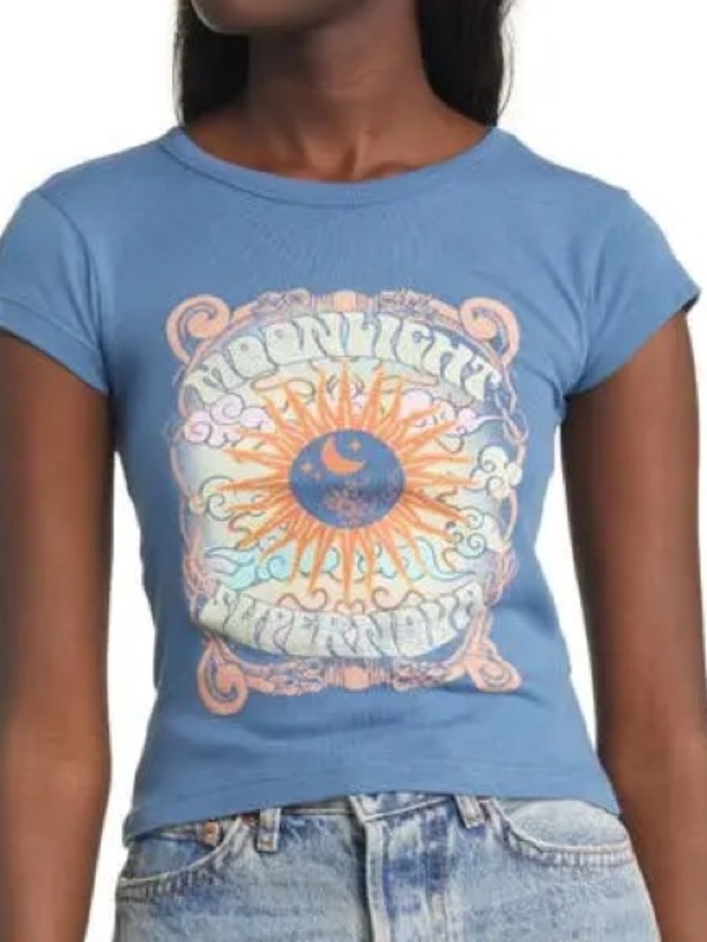 BDG Dusty Blue Baby Tee with Multicolor Sun & Moon Graphic